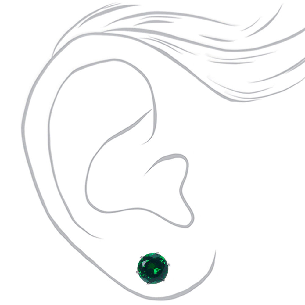 Silver Cubic Zirconia 8MM Round Stud Earrings - Emerald,