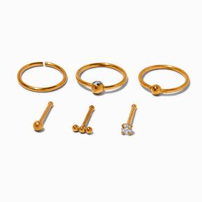 20G Gold-tone Titanium Cubic Zirconia Nose Studs &amp; Hoops - 6 Pack,