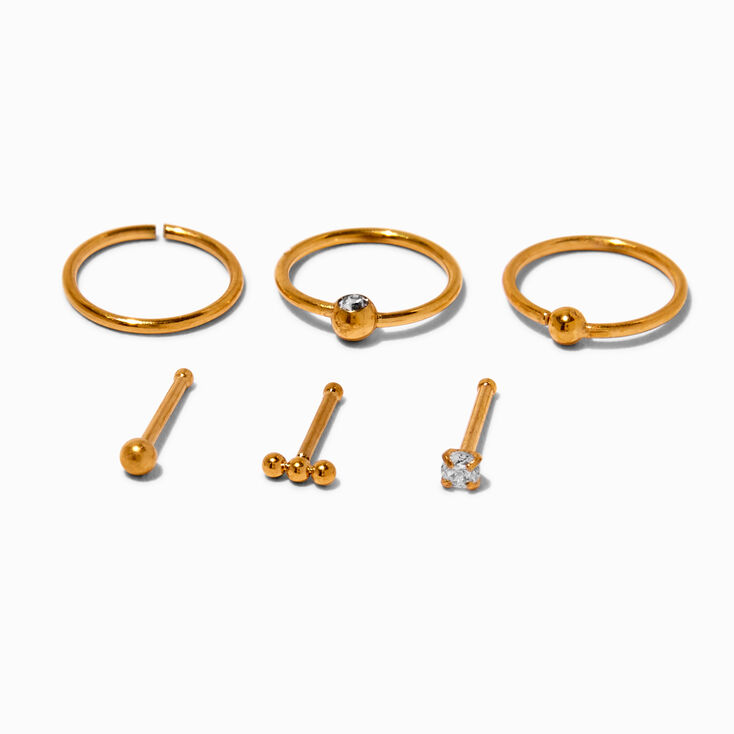 20G Gold-tone Titanium Cubic Zirconia Nose Studs &amp; Hoops - 6 Pack,