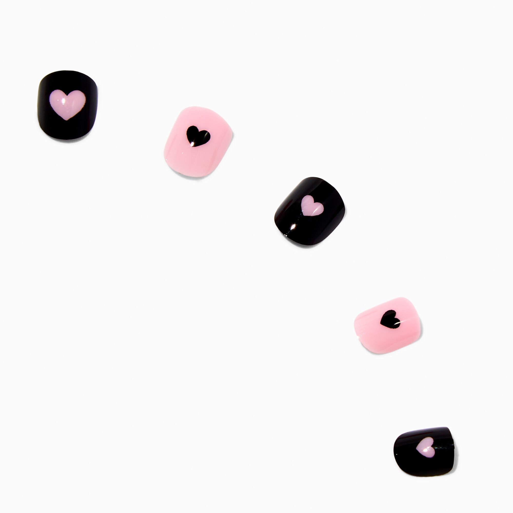Claire's Club Pink & Black Heart Press On Vegan Faux Nail Set - 10 Pack,