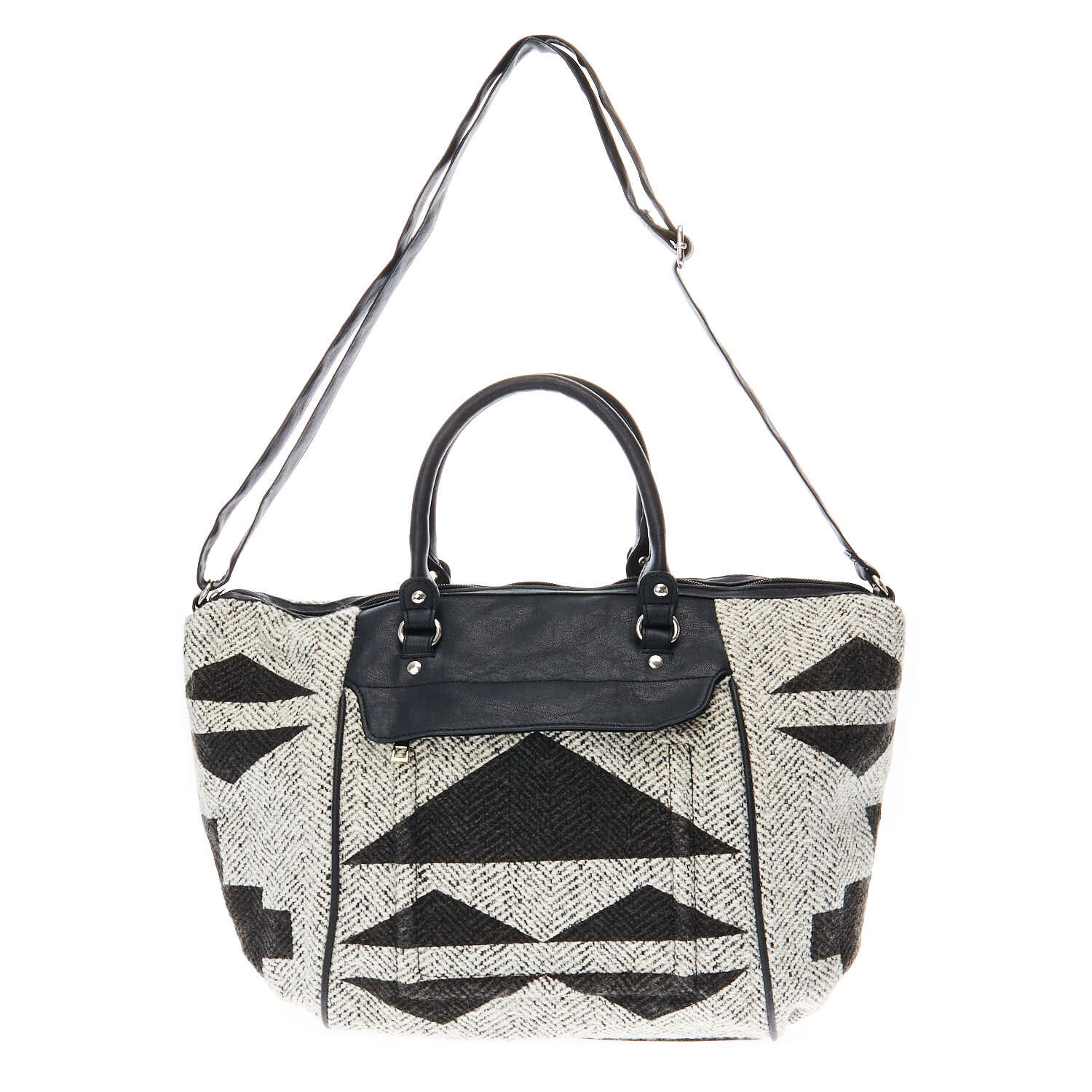 Sacoche en tissu tricoté avec motif aztèque noir et gris,