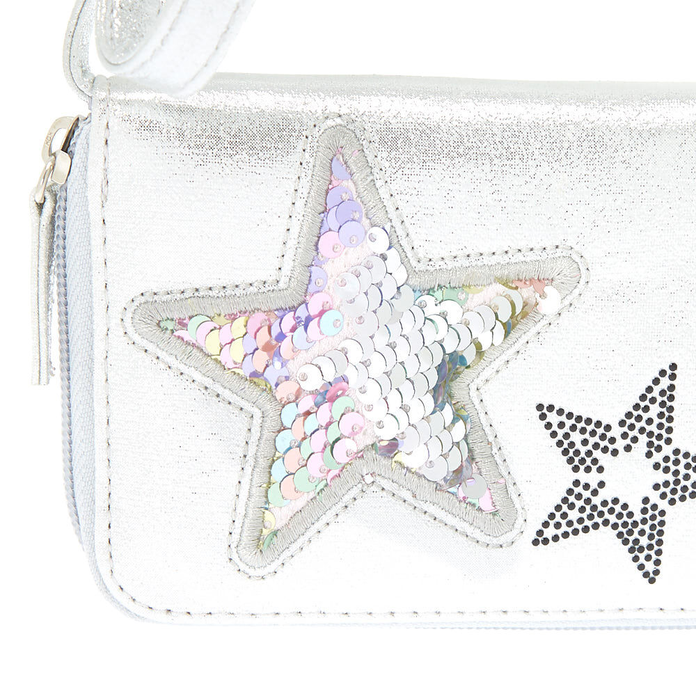 Portefeuille à bandoulière couleur argenté étoile arc-en-ciel avec sequins réversibles,