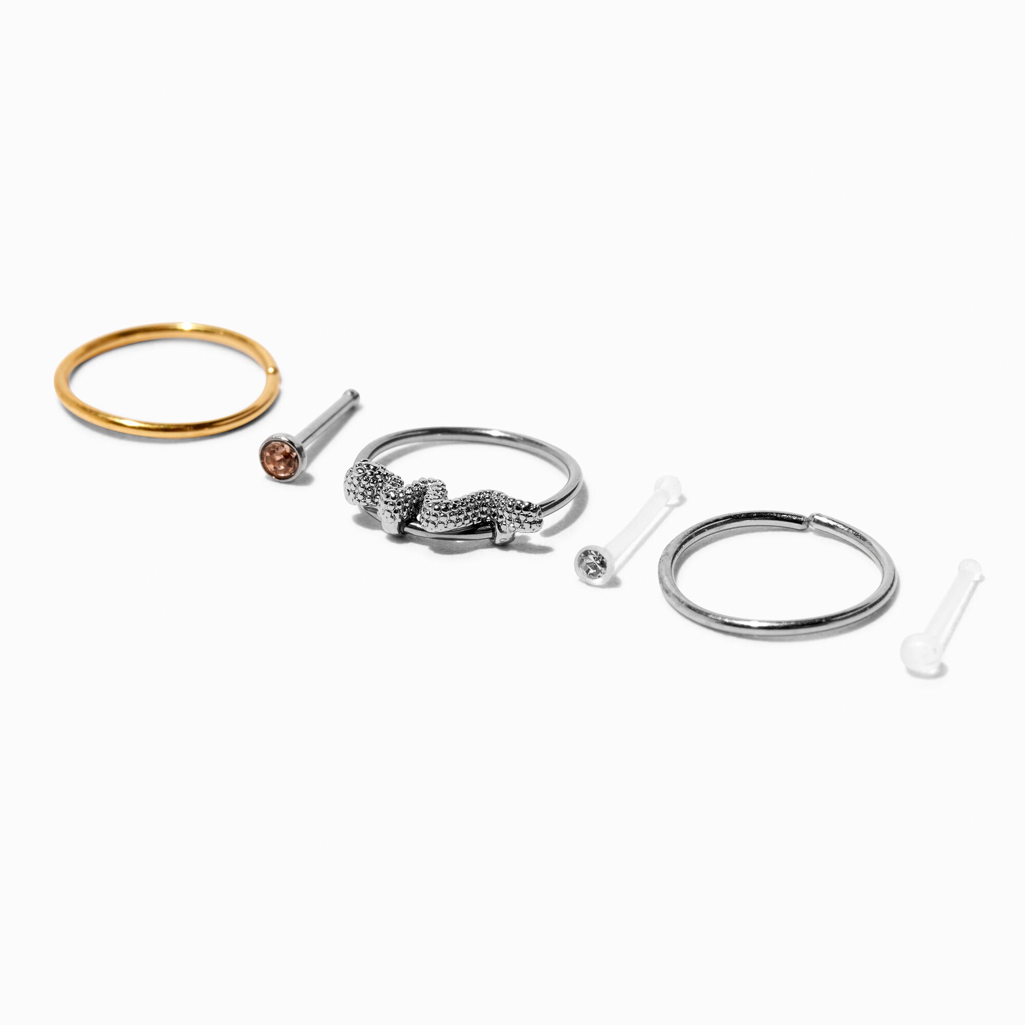 View Claires Mixed Metal 20G Retainer Stud Snake Hoop Nose Rings 6 Pack Gold information