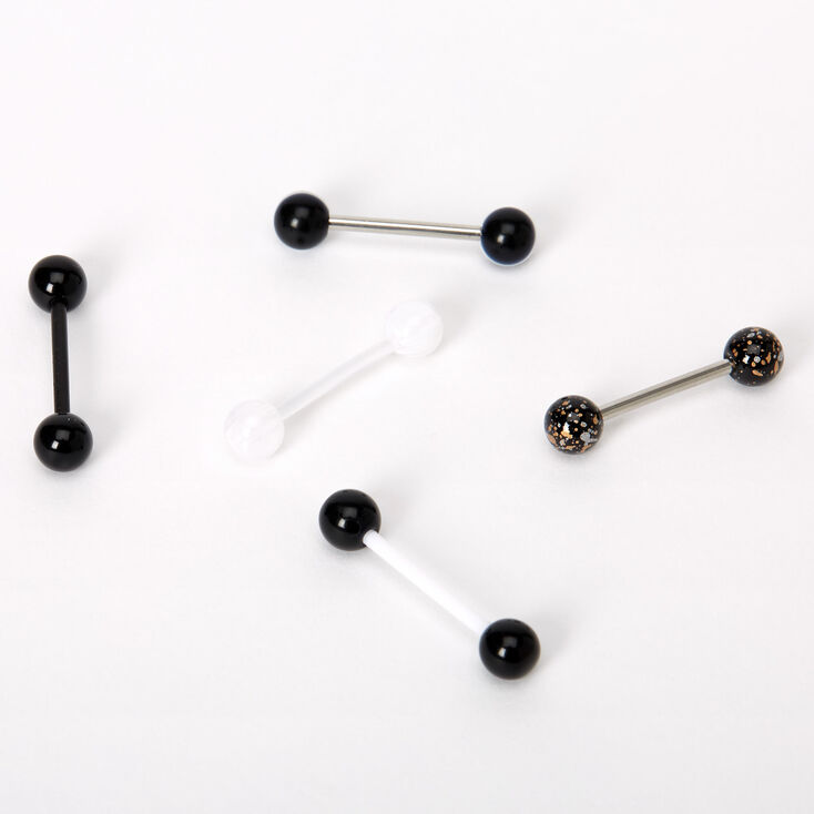 Black &amp; White 14G Barbell Tongue Rings - 5 Pack,