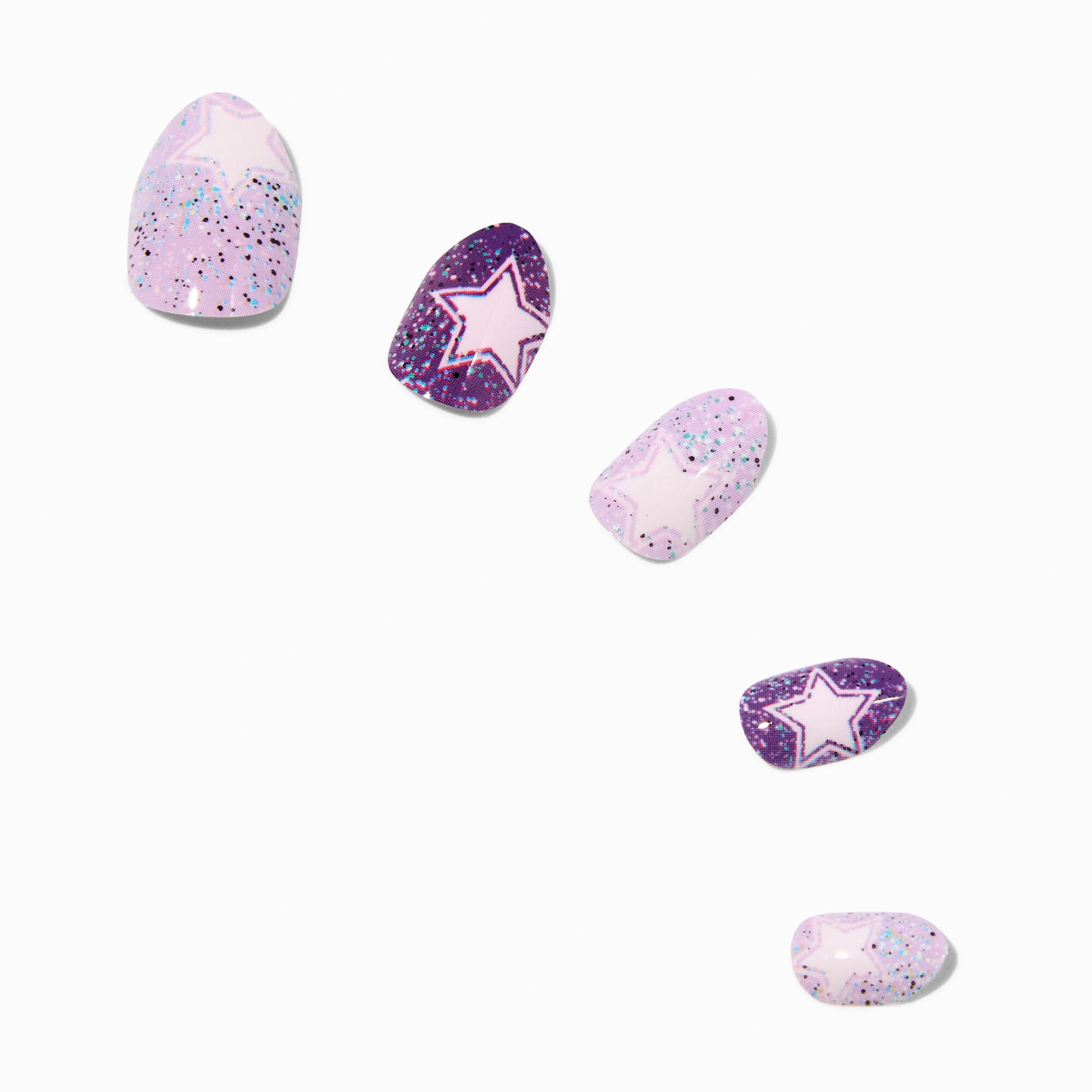 Purple Glitter Star Stiletto Press On Vegan Faux Nail Set - 24 Pack,