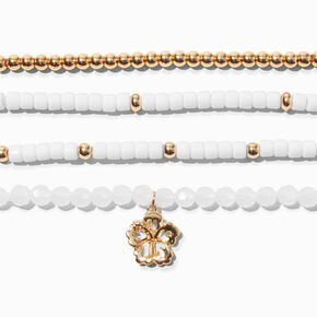 Gold &amp; White Floral Beaded Stretch Bracelets - 3 Pack,