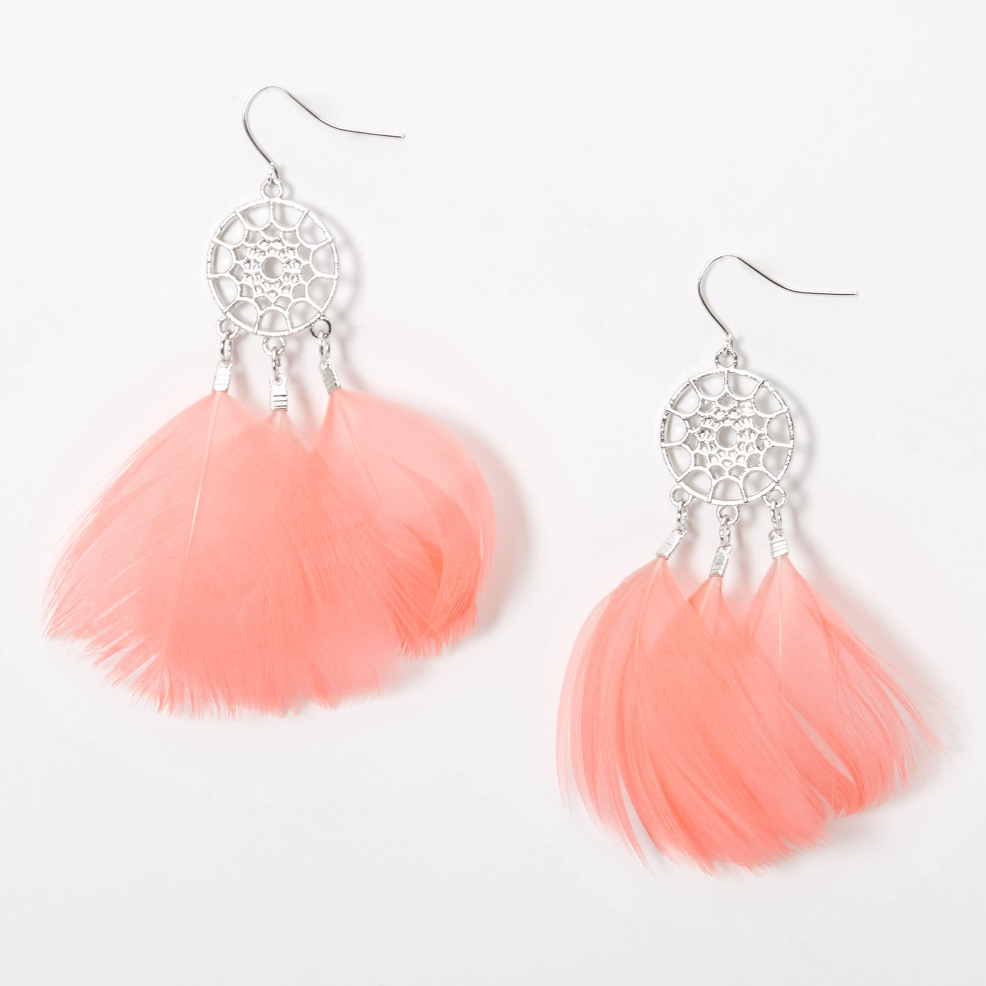 Silver 3 Feather Dreamcatcher Drop Earrings Pink