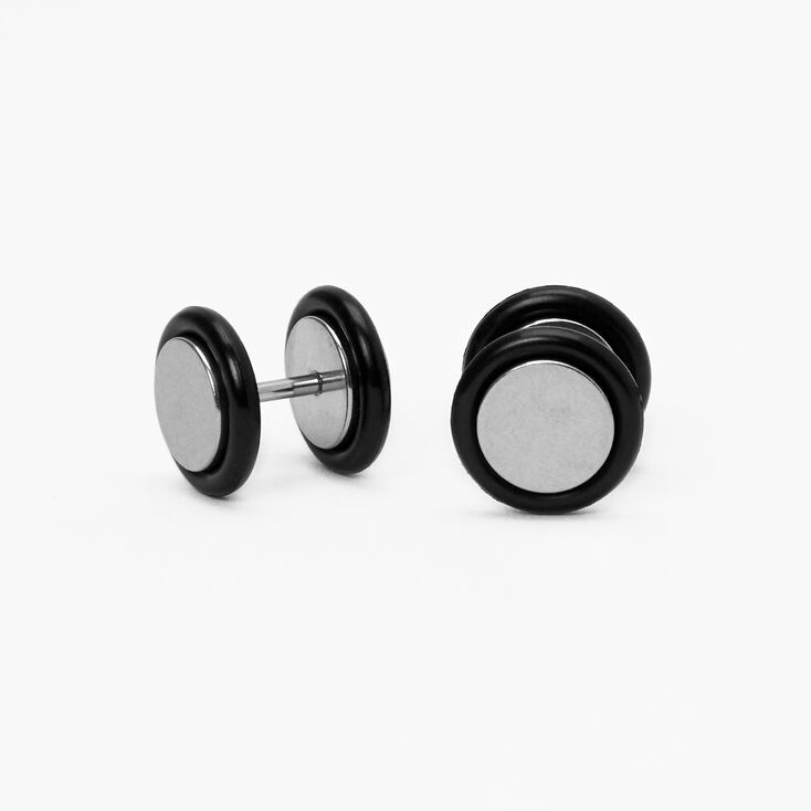 Silver Rim Disc Plug Stud Earrings - Black | Claire's