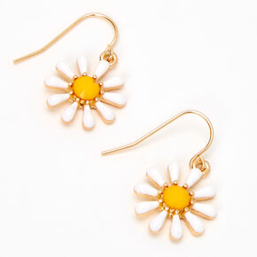 Gold 1&quot; Daisy Drop Earrings - White,