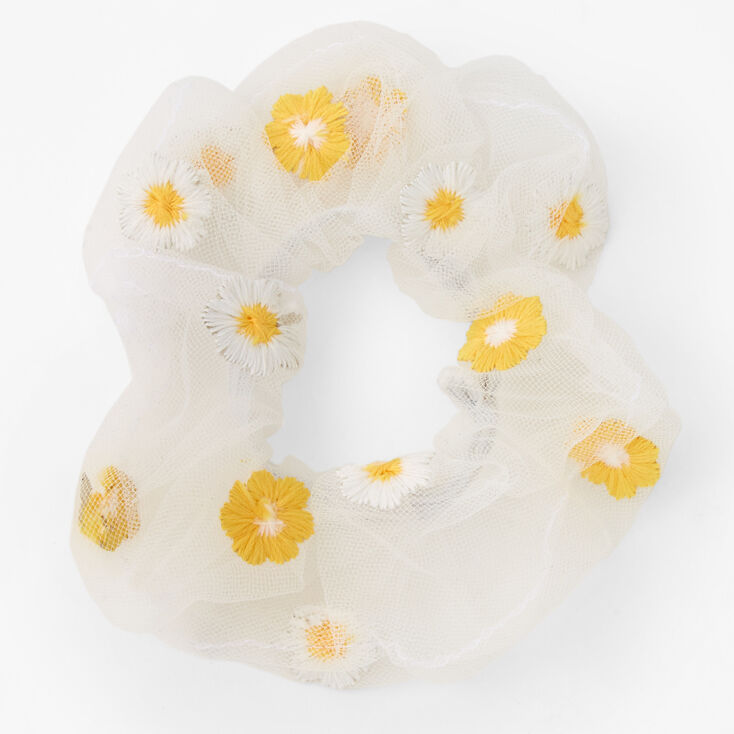 Giant Sheer Mesh Daisy Hair Scrunchie - White,