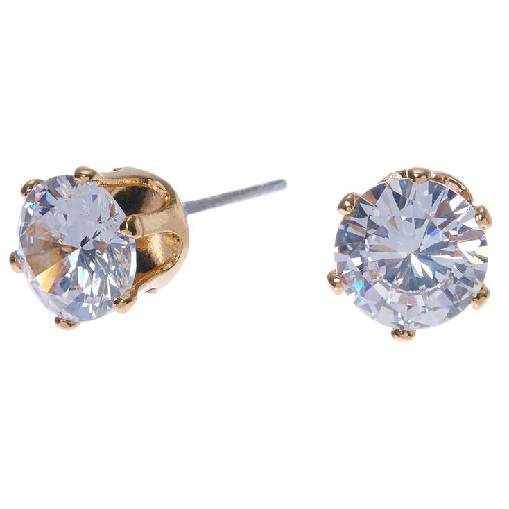 Gold Cubic Zirconia Round Stud Earrings - 7MM,