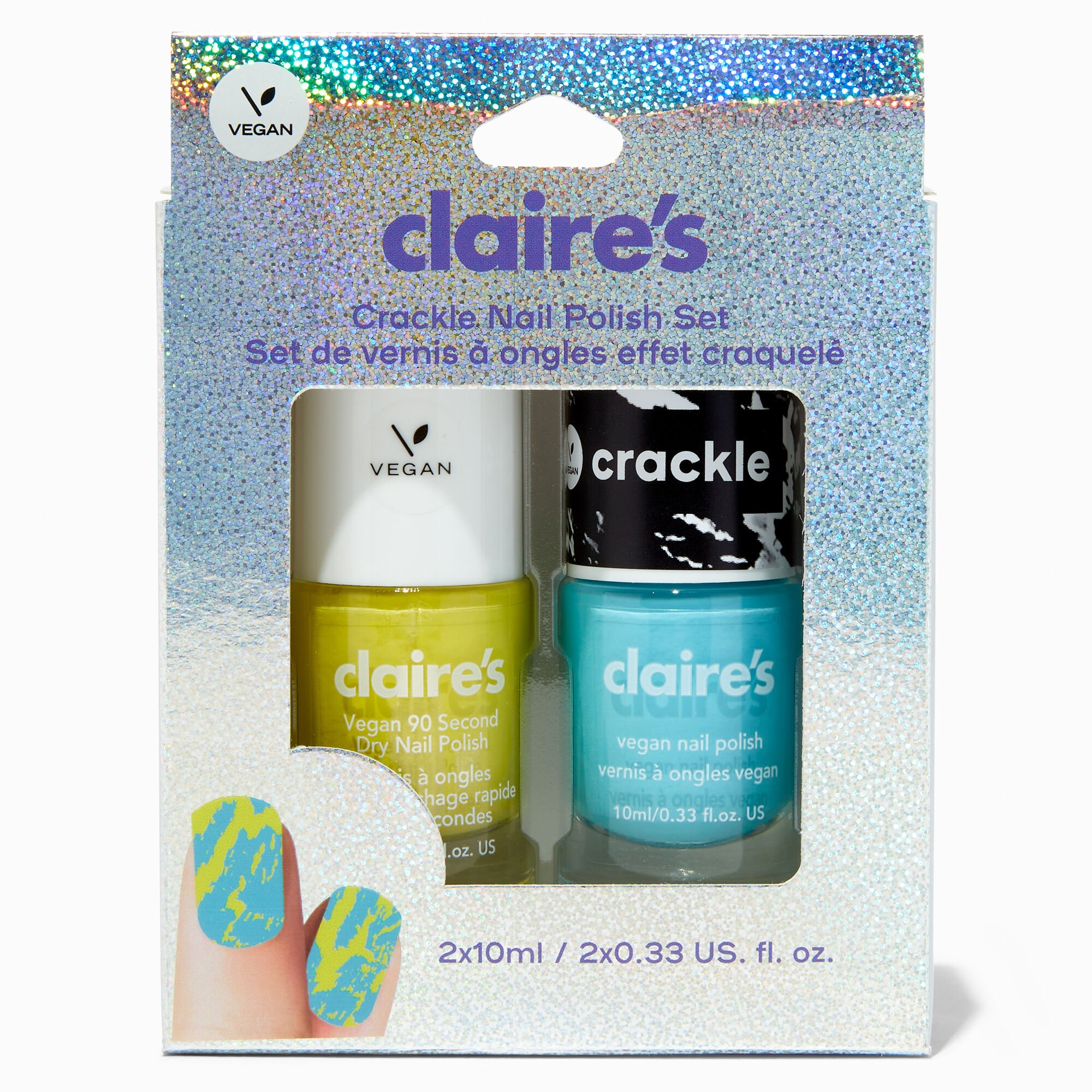 View Claires Blue Crackle Vegan Nail Polish Set 2 Pack Yellow information