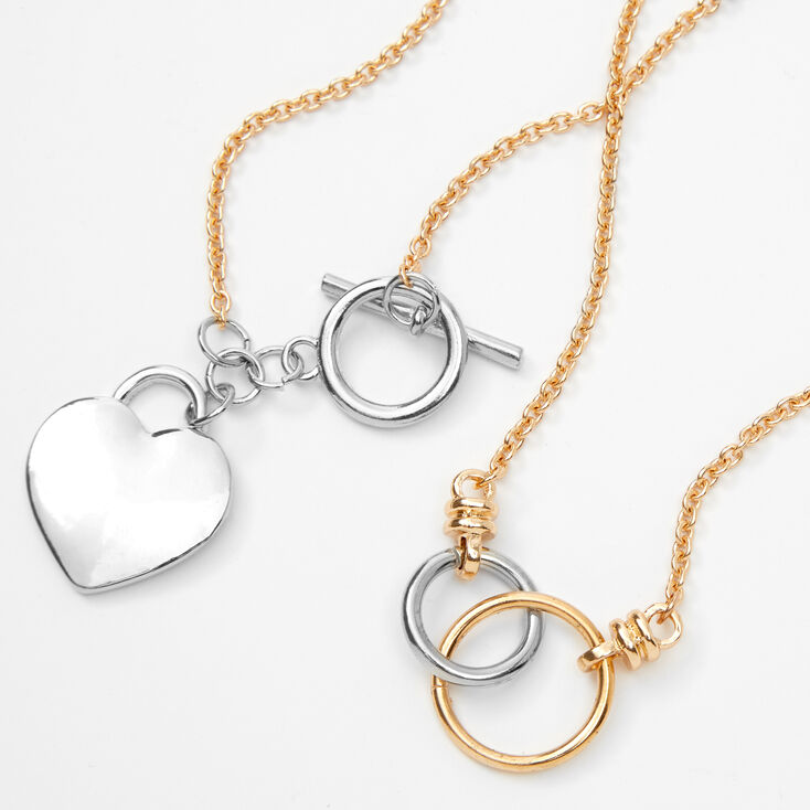 Collier avec breloque c&oelig;urs et fermoir en T en m&eacute;taux mixtes,