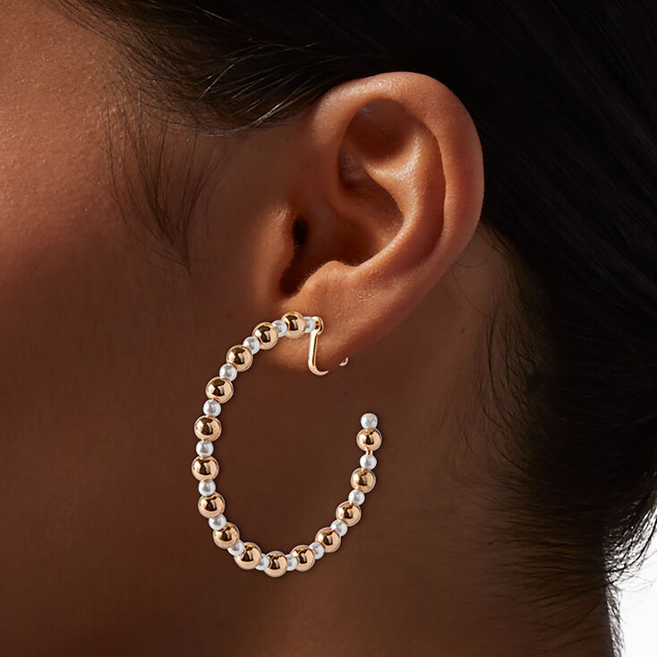 Gold-tone &amp; Pearl 40mm Clip-On Hoop Earrings,