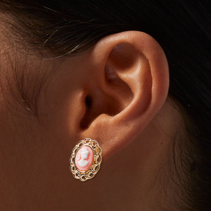 Gold-tone Pink Cameo Stud Earrings,