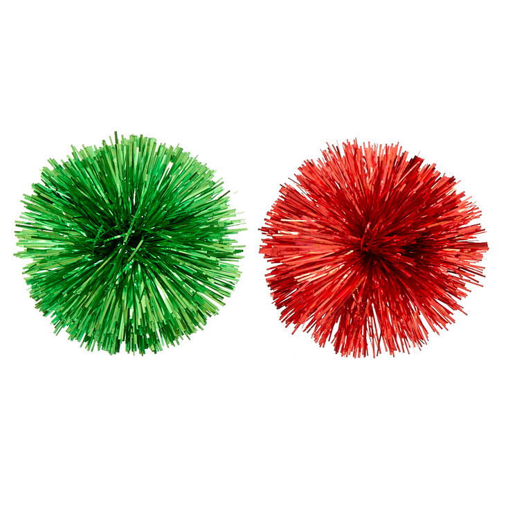 Red & Green Tinsel Pom Pom Clips