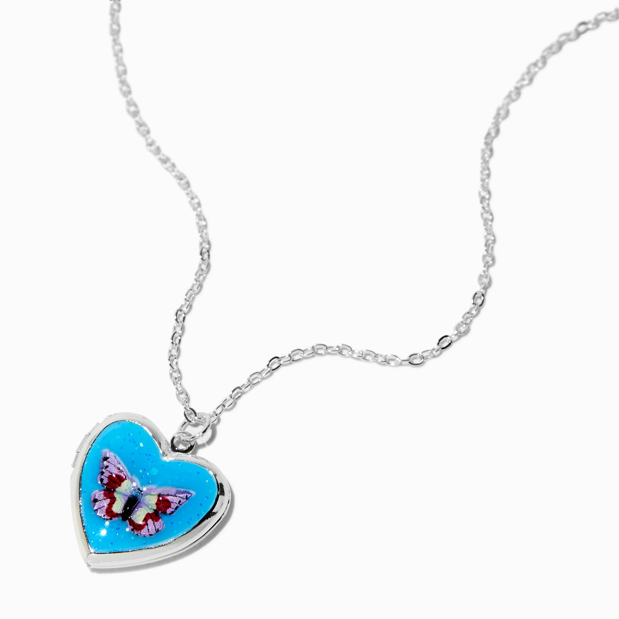 View Claires SilverTone Glitter Butterfly Locket Pendant Necklace Blue information