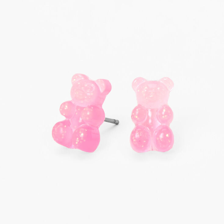 Pink 0.5&quot; Gummy Bear Glow In The Dark Stud Earrings,