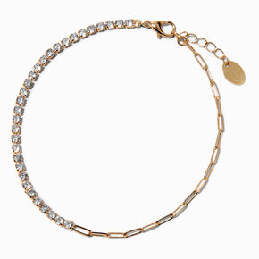 Gold-tone Half Cubic Zirconia Paperclip Chain Anklet ,