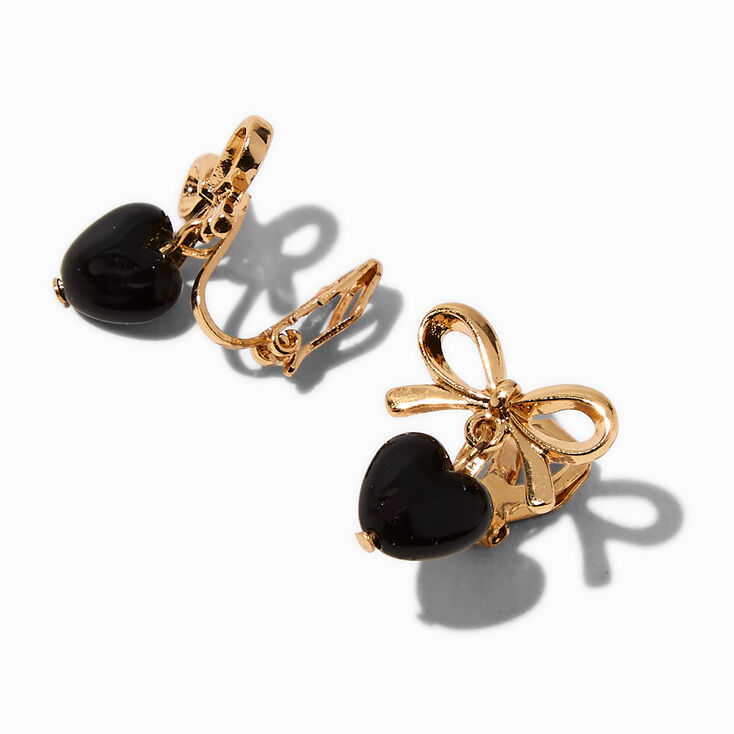 Gold-tone Bow Black Heart Clip-On Drop Earrings,