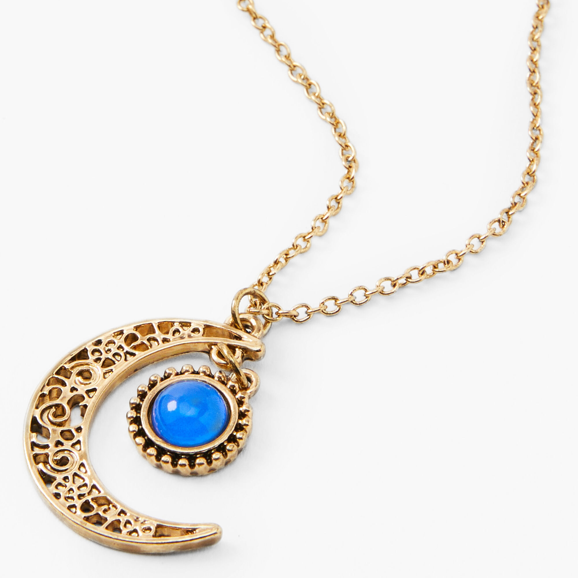 View Claires GoldTone Filigree Crescent Moon Mood Pendant Necklace Blue information