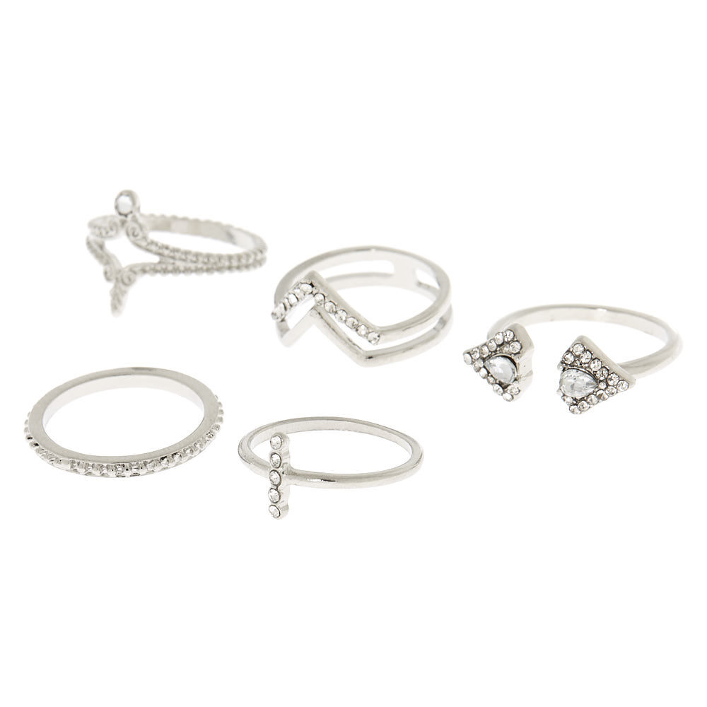 Silver Embellished Triangle Rings - 5 Pack,