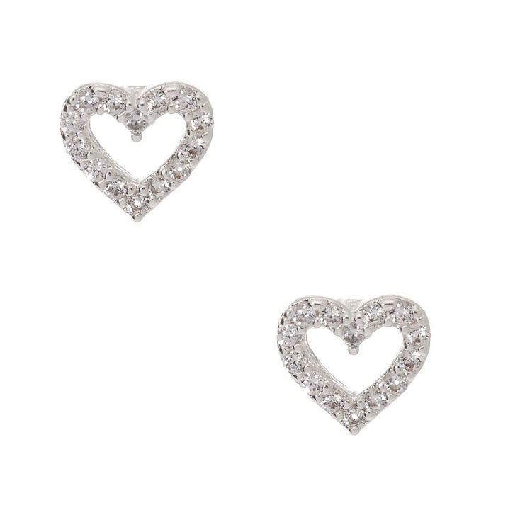 Silver-tone Cubic Zirconia Heart Stud Earrings,