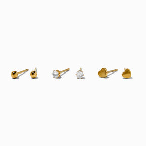 Clous d&rsquo;oreilles c&oelig;ur en zircon cubique et acier inoxydable couleur dor&eacute;e - Lot de 3,