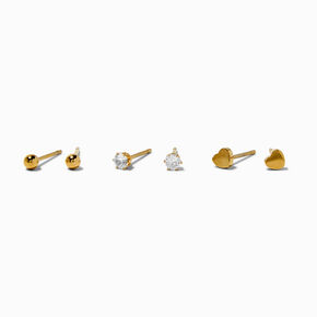 Gold-tone Stainless Steel Cubic Zirconia Heart Stud Earrings - 3 Pack ,