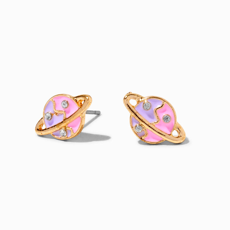 Pink &amp; Purple Saturn Embellished Planet Stud Earrings,