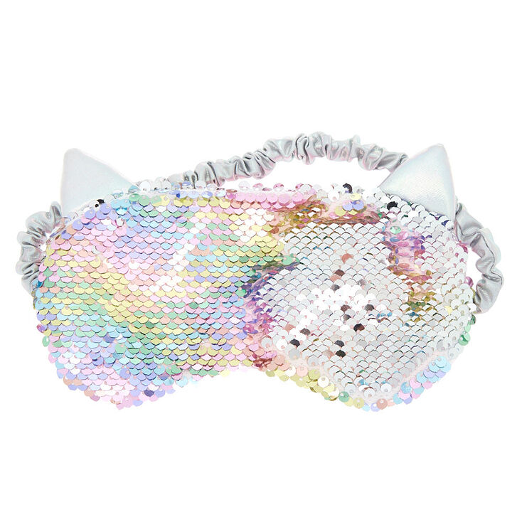 Masque de sommeil chat pastel arc-en-ciel avec sequins r&eacute;versibles,