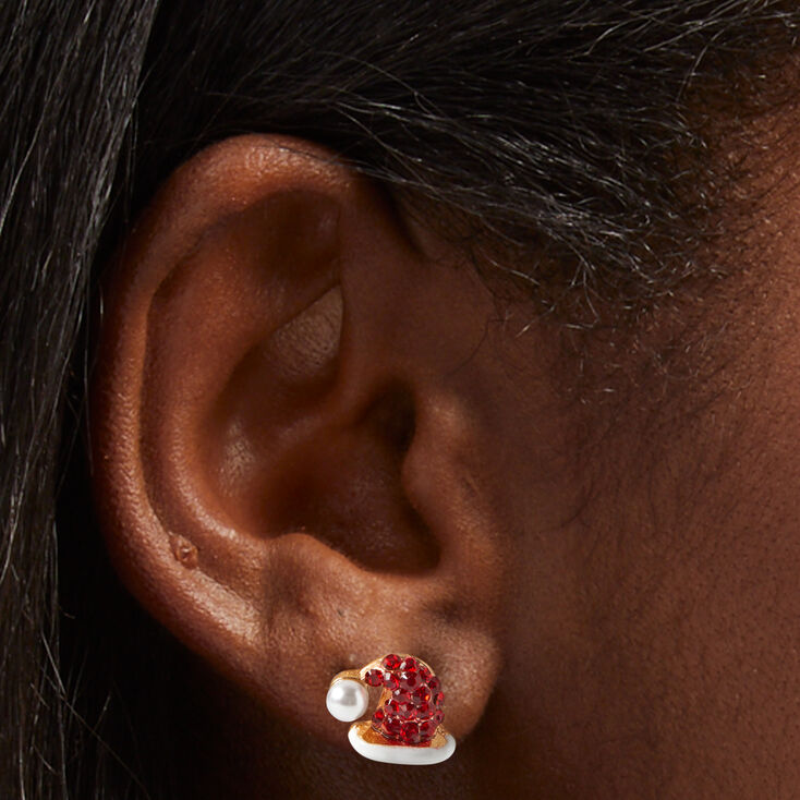 Clous d&#39;oreilles bonnet de P&egrave;re No&euml;l perles d&rsquo;imitation couleur dor&eacute;e,
