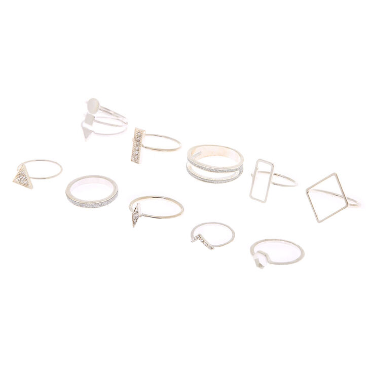 Silver Glitter Geometric Rings - 10 Pack,