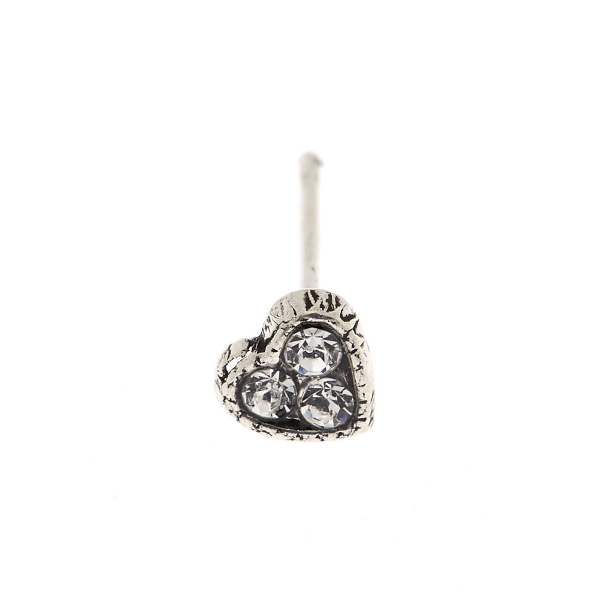 22G Silver-tone Stainless Steel Crystal Heart Nose Stud,