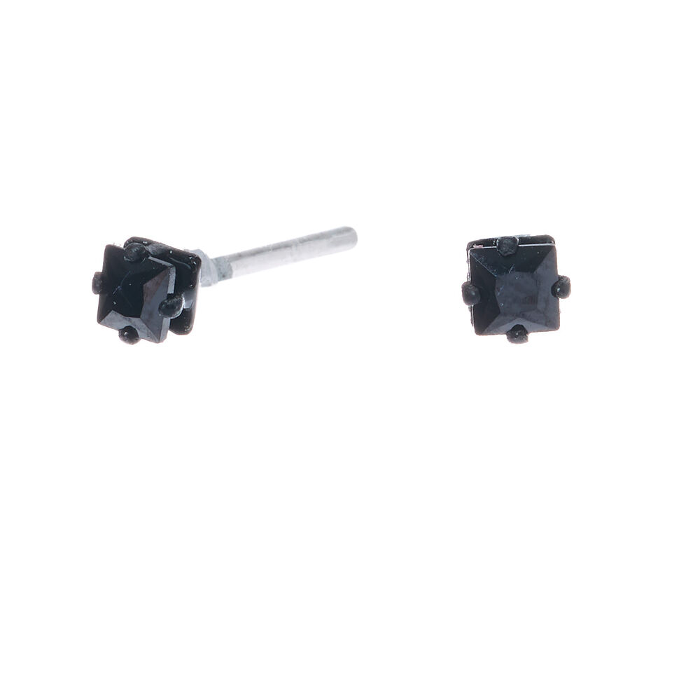 Black Cubic Zirconia 3MM Square Stud Earrings - Jet Black,