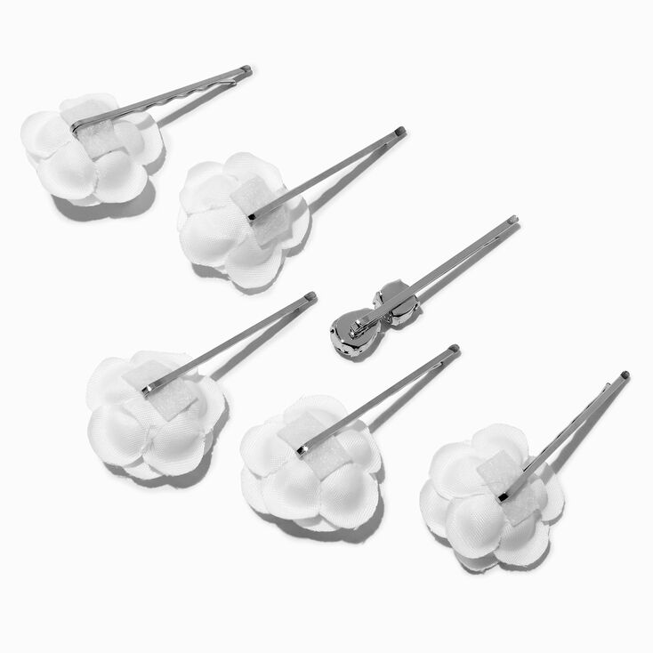 White Tulle Flower Rhinestone Hair Pins - 6 Pack,