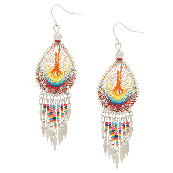 Silver 3&quot; Rainbow Threaded Drop Earrings,