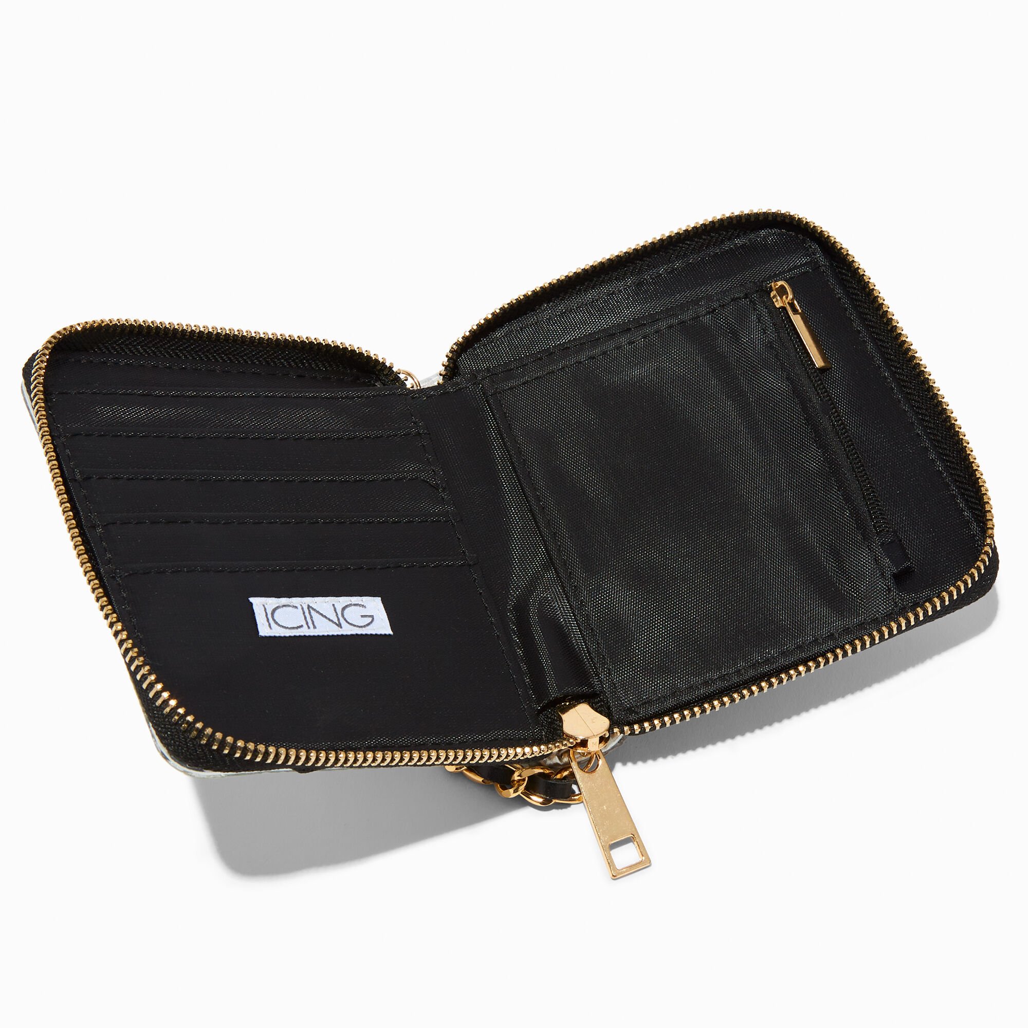 Silver Bling Chain Handle Zip Around Wallet,