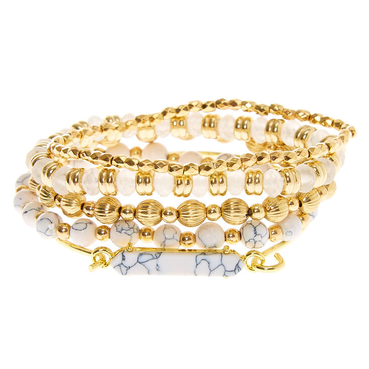 Gold Marble Beaded Stretch Bracelets - White, 5 Pack,