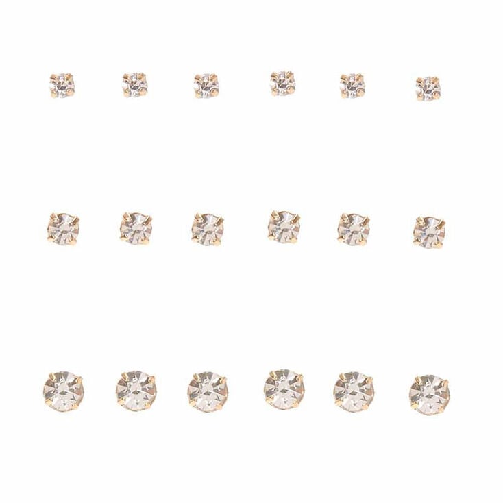 Gold Graduated Crystal Stud Earrings - 9 Pack,
