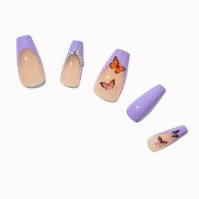 Purple Butterfly French Tip Bling Squareletto Vegan Faux Nail Set - 24 Pack,