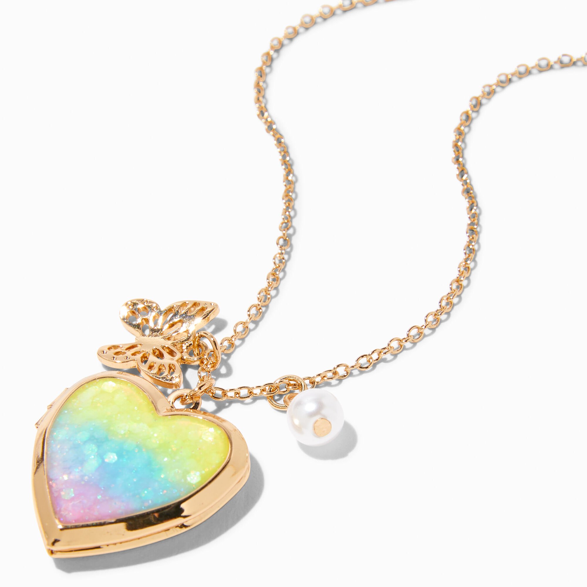 Gold Rainbow Heart Locket Pendant Necklace