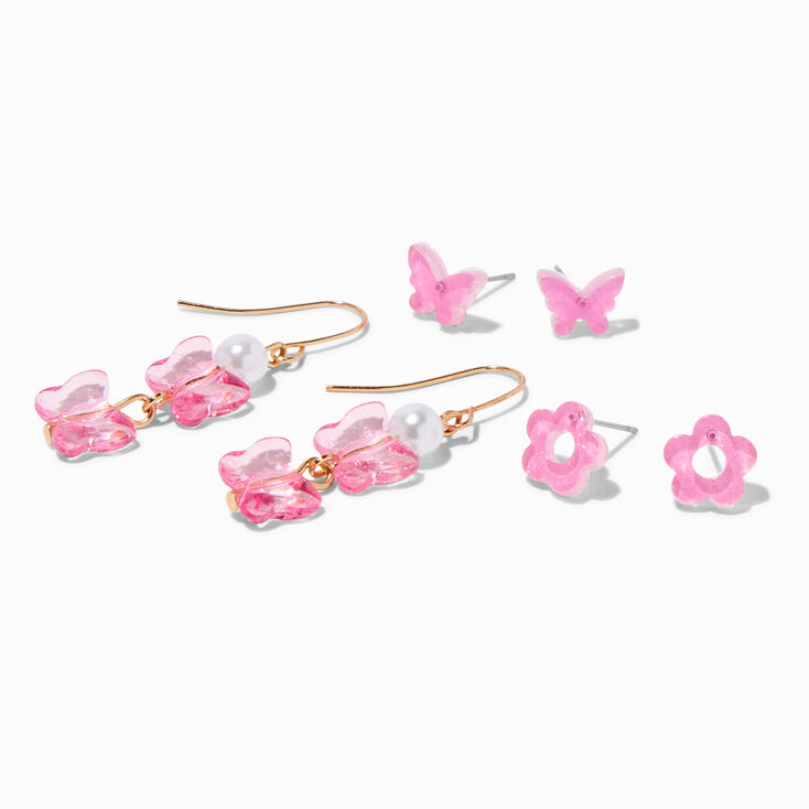 Boucles d&rsquo;oreilles papillons et fleurs roses - Lot de 3,