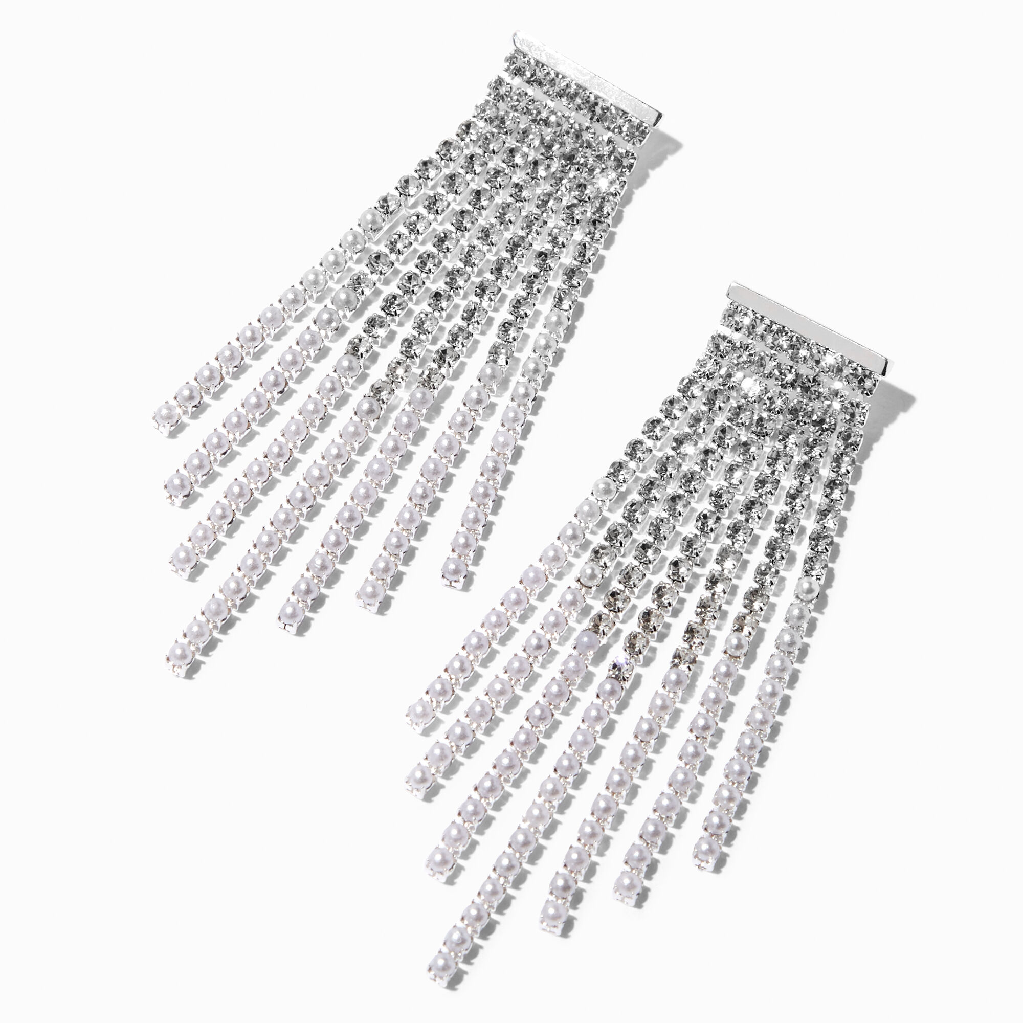 View Claires Tone Rhinestone Pearl Fringe 25 Drop Earrings Silver information