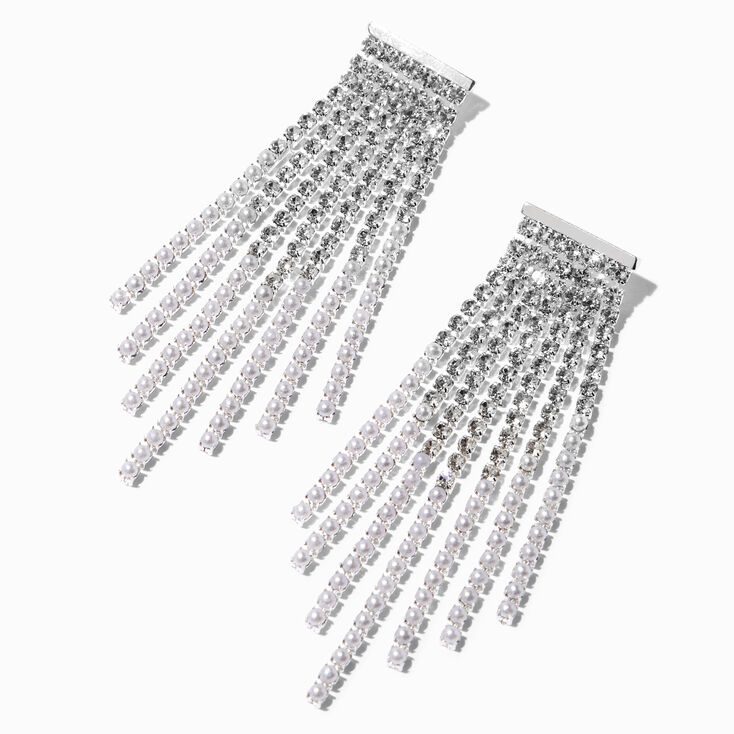 Silver Rhinestone &amp; Pearl Fringe 2.5&quot; Drop Earrings,