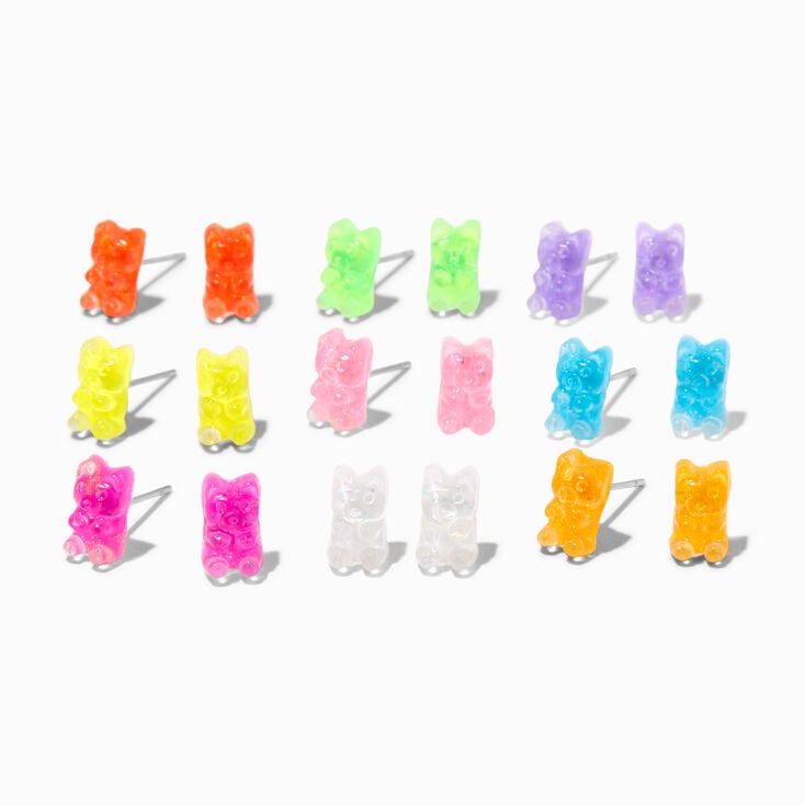 Neon Glow in the Dark Gummy Bear Stud Earrings - 9 Pack,