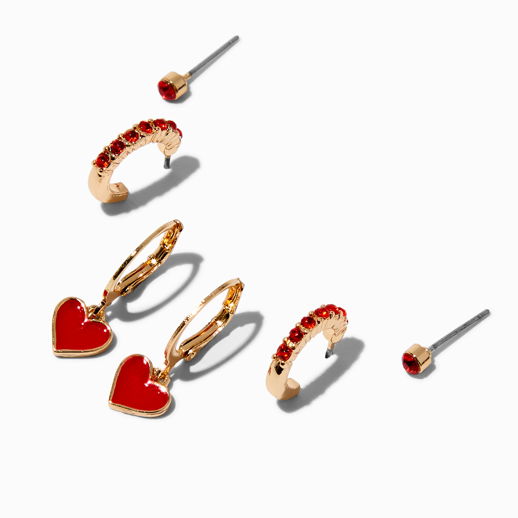View Claires Heart Gemstone Mixed Earring Stackables Set 3 Pack Red information