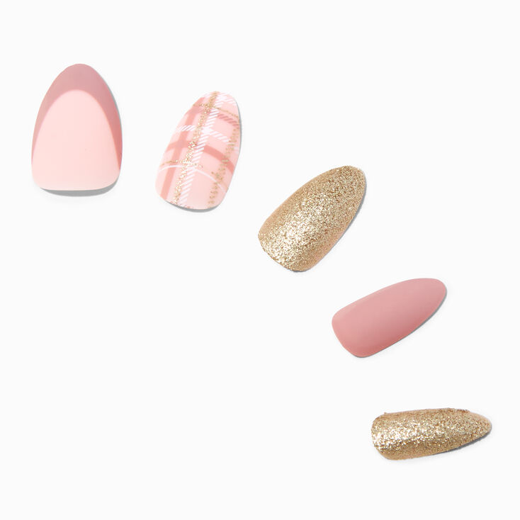 Pink Plaid Gold Glitter Stiletto Vegan Faux Nail Set - 24 Pack,