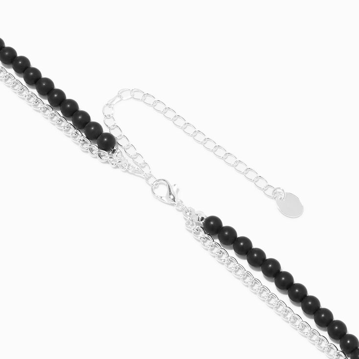 Silver Curb Chain &amp; Black Beaded Multi-Strand Necklace,