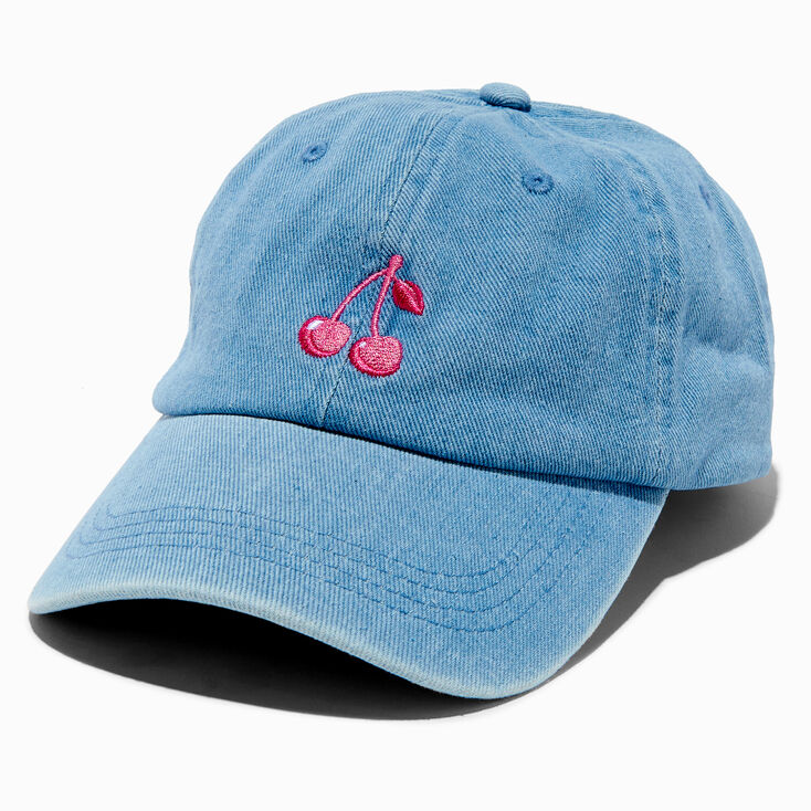 Embroidered Cherry Denim Baseball-Style Hat,
